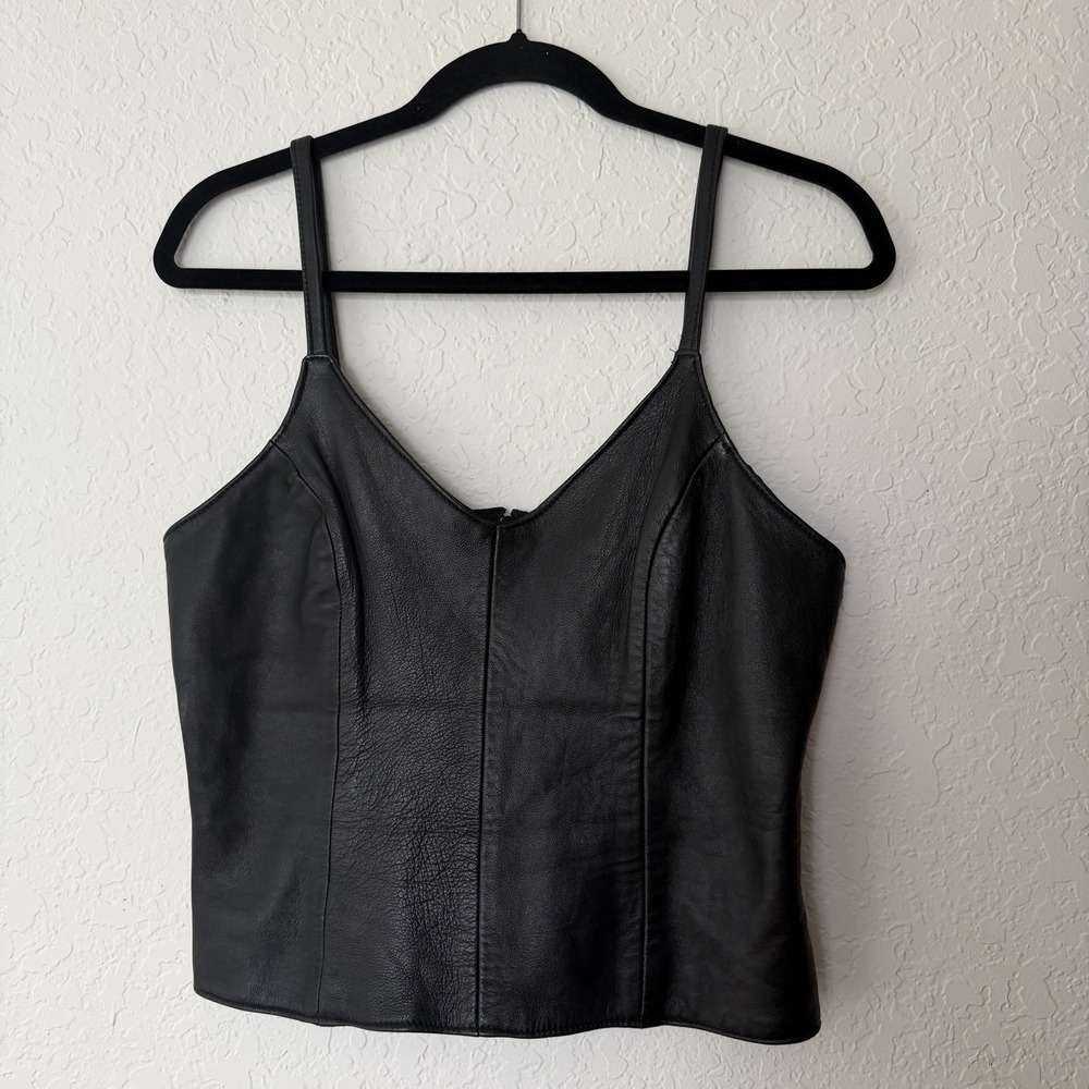 Black Leather Womens Tank Top Medium Biker Moto Goth Punk Rocker Grunge Edgy
